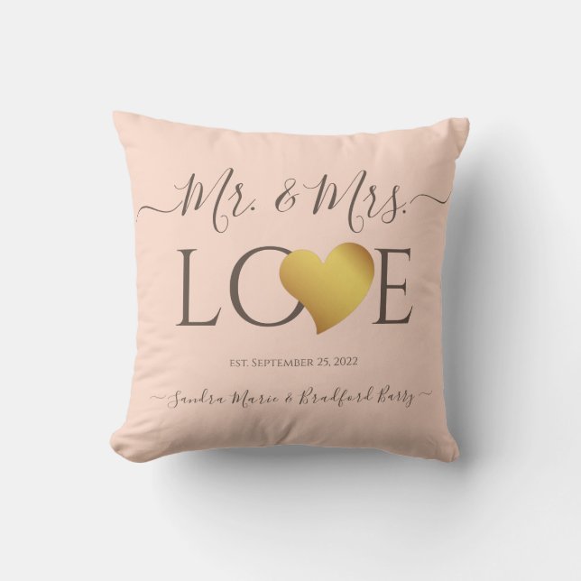 Wedding Black Gold Heart Script Name Mr. and Mrs.  Cushion (Front)