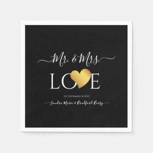 Wedding Black Gold Heart Script Name Mr. and Mrs.  Napkin
