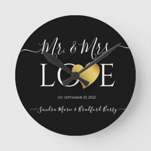 Wedding Black Gold Heart Script Name Mr. and Mrs.  Round Clock