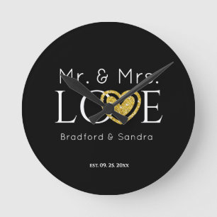 Wedding Black Gold Heart Script Name Mr. and Mrs.  Round Clock