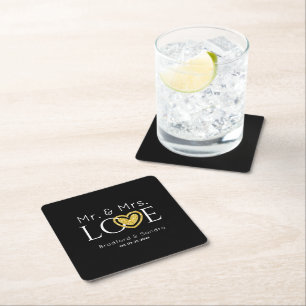 Wedding Black Gold Heart Script Name Mr. and Mrs.  Square Paper Coaster