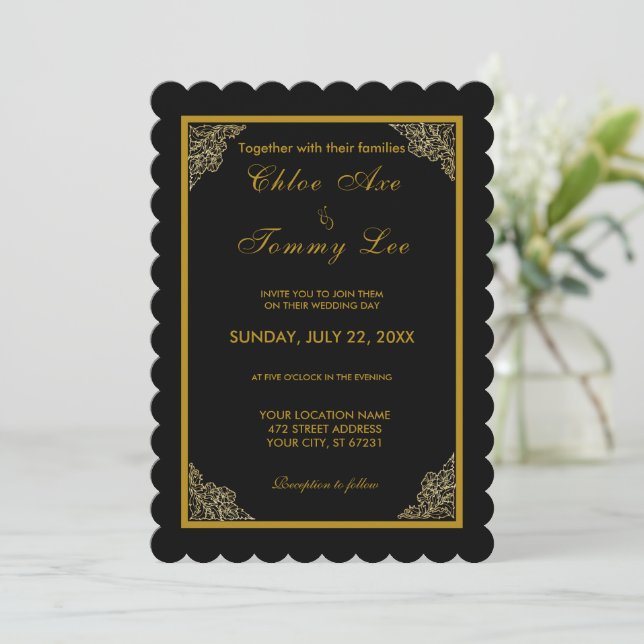 wedding black gold luxury border invitation (Standing Front)