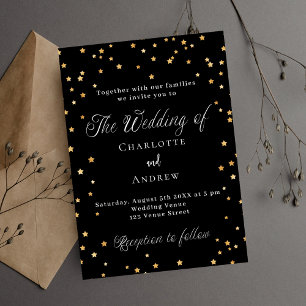 Wedding black gold stars elegant script luxury invitation