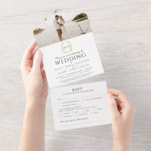 Wedding black gold white oval leaf monogram photo all in one invitation