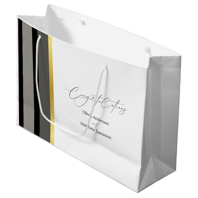 Wedding Black Grey Gold Stripe Congratulations Large Gift Bag (Front Angled)