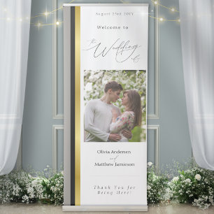 Wedding Black Grey Gold Stripe Photo Welcome Retractable Banner