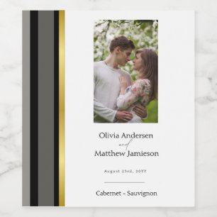Wedding Black Grey Gold Stripe Photo Wine Label