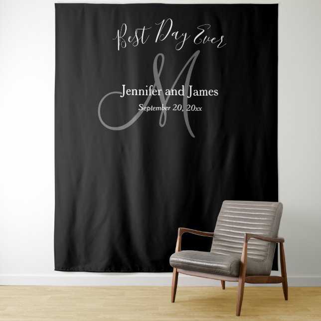 Wedding Black Grey Monogram Name Photo Booth Prop Tapestry (In Situ)