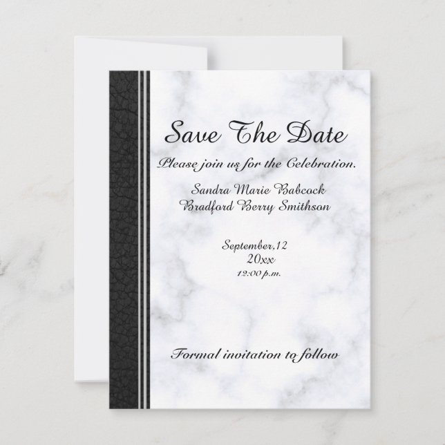 Wedding Black Leather and grey white Marble Save The Date (Front)