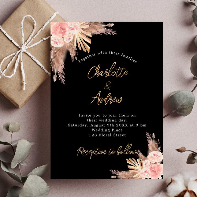 Wedding black pampas grass rose gold florals boho invitation (Creator Uploaded)