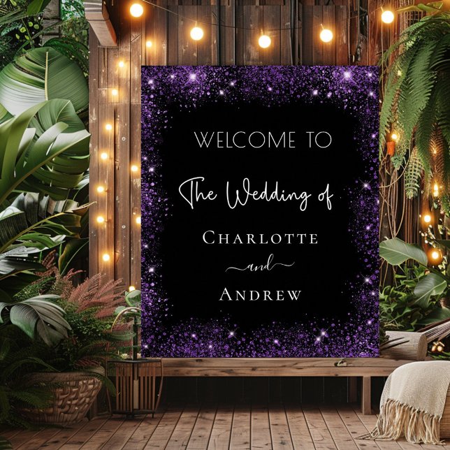 Wedding black purple sparkles welcome poster (Creator Uploaded)
