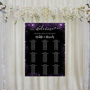 Wedding black purple welcome table seating chart