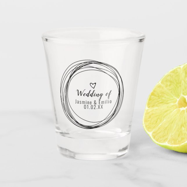 Wedding  Black Rings Heart  Logo Couples Name  Shot Glass (Front)