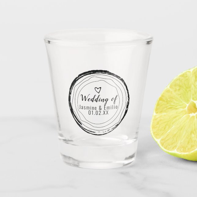 Wedding  Black Rings Heart Wood Grain  Couples  Shot Glass (Front)