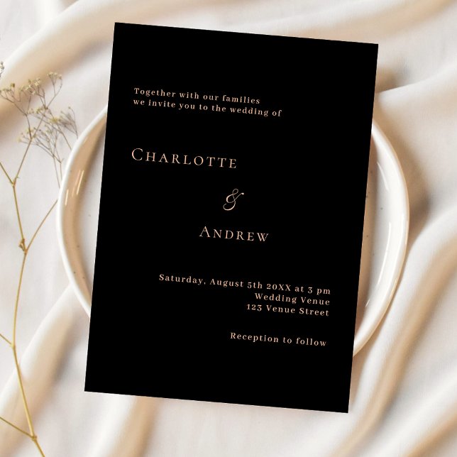 Wedding black rose gold formal modern minimalist invitation (Creator Uploaded)