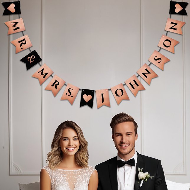 Wedding Black Rose Gold Heart Mr. & Mrs. Last Name Bunting (Creator Uploaded)