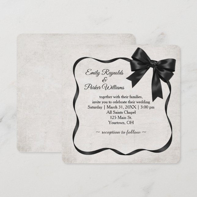 Wedding Black Satin Ribbon Frame and Bow Invitation (Front/Back)