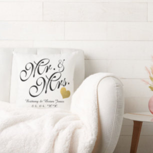 Wedding Black Script Gold Heart Name Mr. and Mrs. Cushion