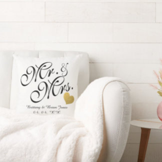Wedding Black Script Gold Heart Name Mr. and Mrs. Cushion