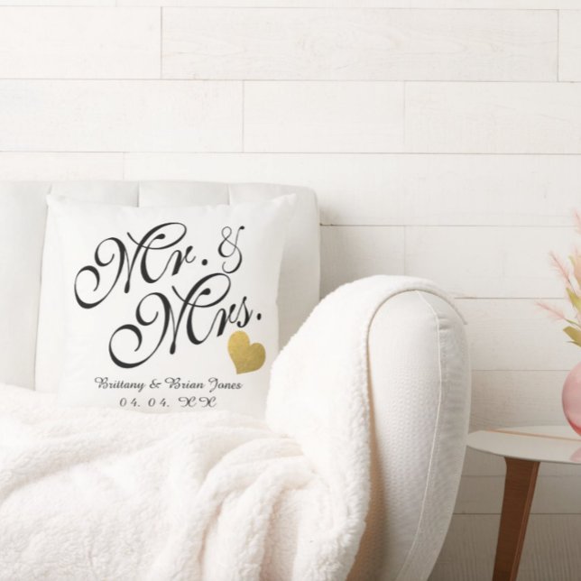 Wedding Black Script Gold Heart Name Mr. and Mrs. Cushion (Creator Uploaded)