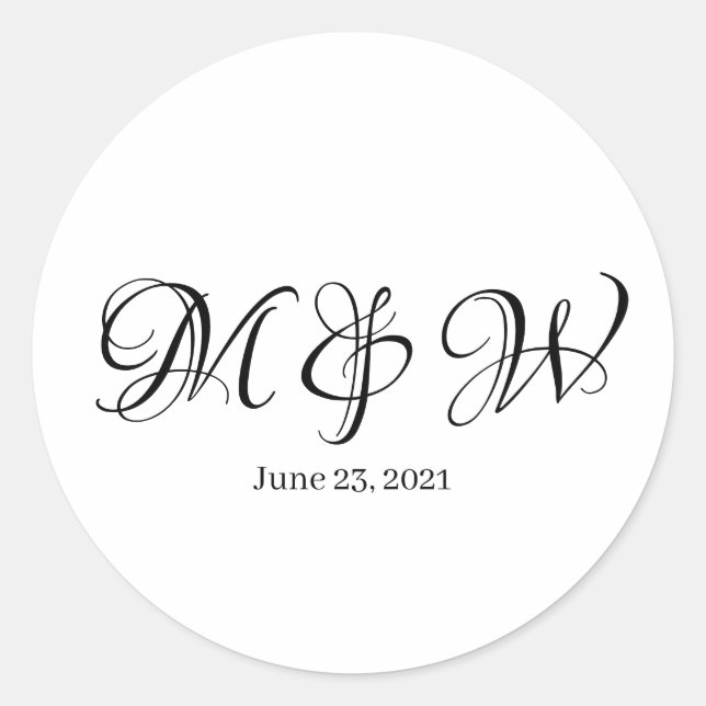 Wedding black script monogram elegant custom white classic round sticker (Front)