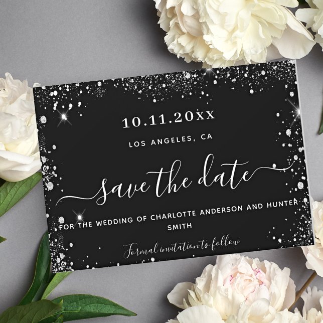 Wedding black silver glitter budget save date flyer (Creator Uploaded)