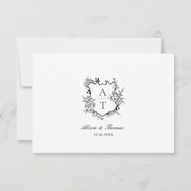 Wedding Black White Crest Monogram Details Card (Back)