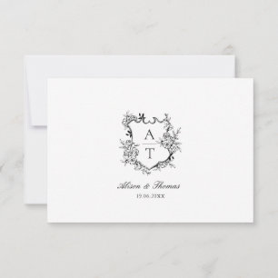 Wedding Black White Crest Monogram Details Card