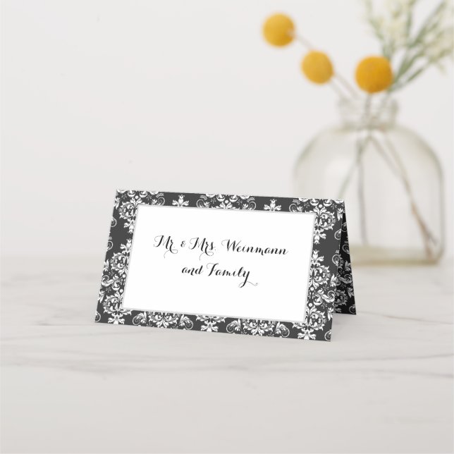 Wedding Black & White Damask Table Place Card (Front)
