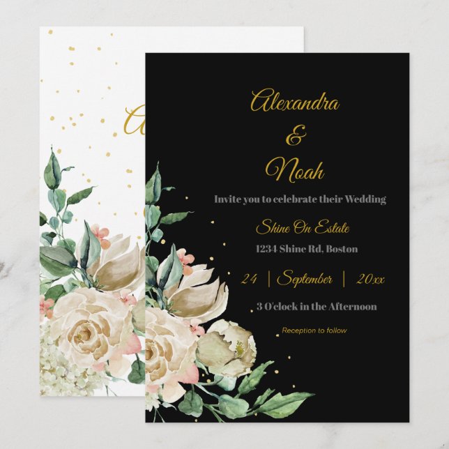 Wedding Black White Elegant Floral Pink Chic Rose Invitation (Front/Back)