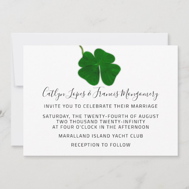 Wedding Black White Green Four-leaved Clover Invitation (Front)