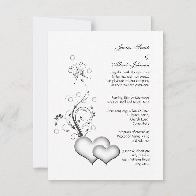 Wedding black&white hearts invitation (Front)