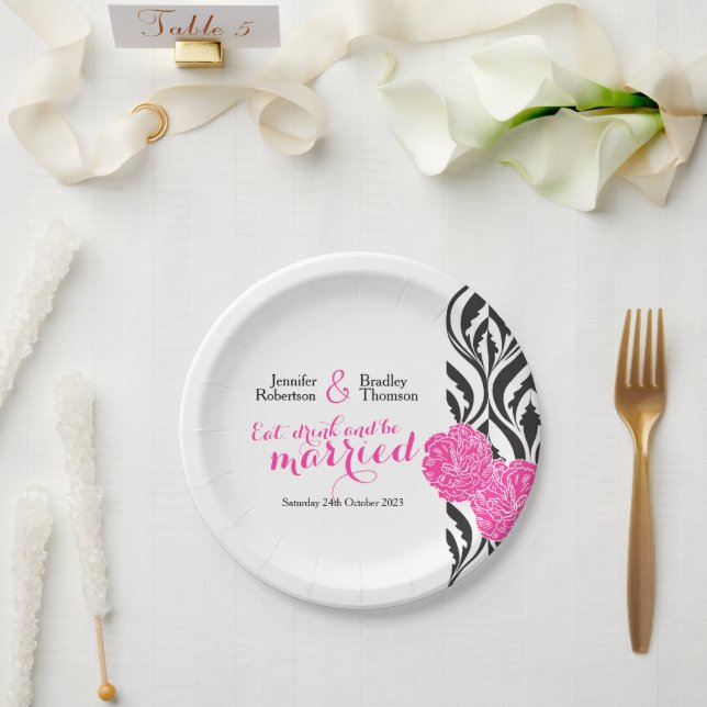 Wedding black white pink custom paper plate (Wedding)