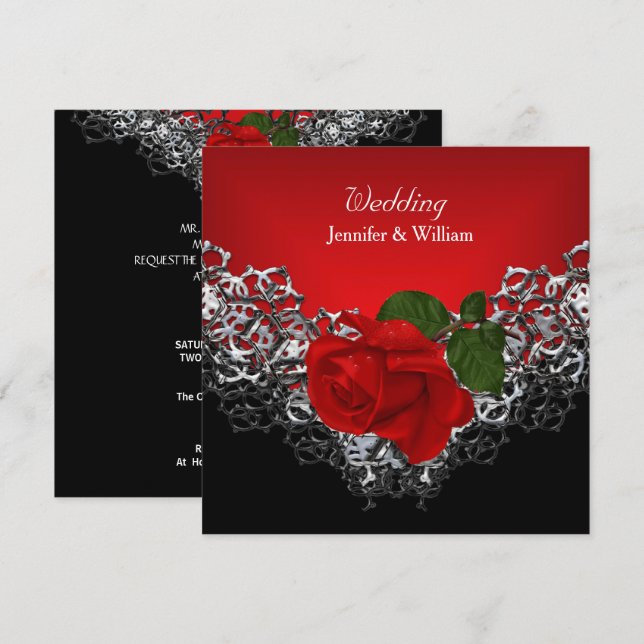 Wedding Black White Silver Deep RED Rose Invitation (Front/Back)