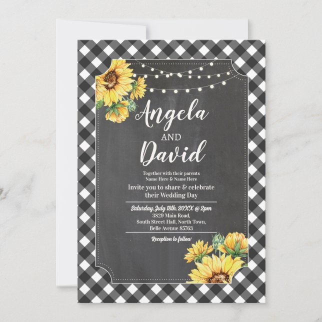 Wedding Black White Sunflower Gingham Floral Light Invitation (Front)