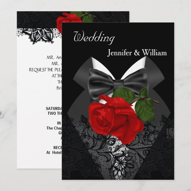 Wedding Black White Tuxedo Deep RED Rose 2 Invitation (Front/Back)
