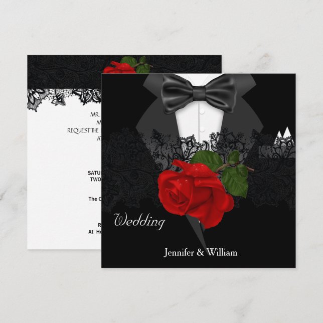 Wedding Black White Tuxedo Deep RED Rose Invitation (Front/Back)
