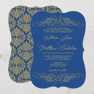 Wedding Bleu and Faux Gold Flourish Damask Invitation