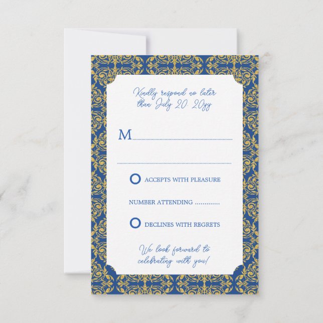 Wedding Bleu and Gold Flourish Damask RSVP Invitation (Back)