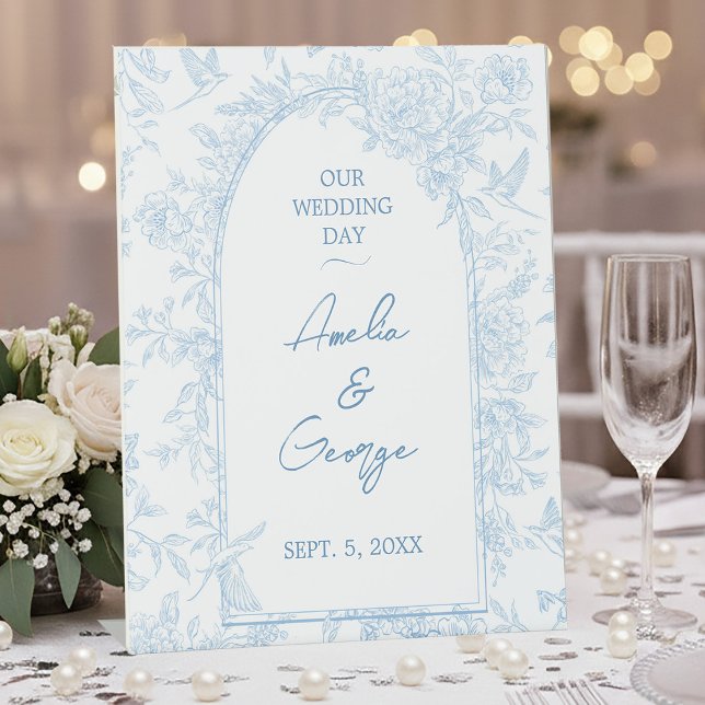 Wedding Blue and White French Toile   Pedestal Sign (Wedding Blue and White French Toile Pedestal Sign)