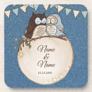 Wedding Blue Brown Owl Glitter Beautiful Beverage  Coaster