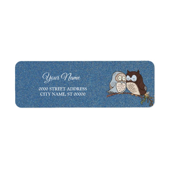 Wedding Blue Brown Owl Glitter Return Address (Front)