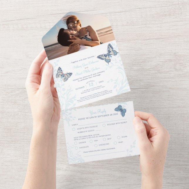 Wedding blue cream butterflies photo meal RSVP All In One Invitation (Tearaway)