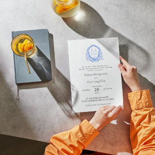 Wedding Blue Floral Crest Calligraphy Monogram Invitation