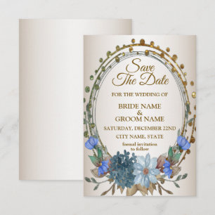 Wedding Blue Floral Golden Geometric Pattern Save The Date