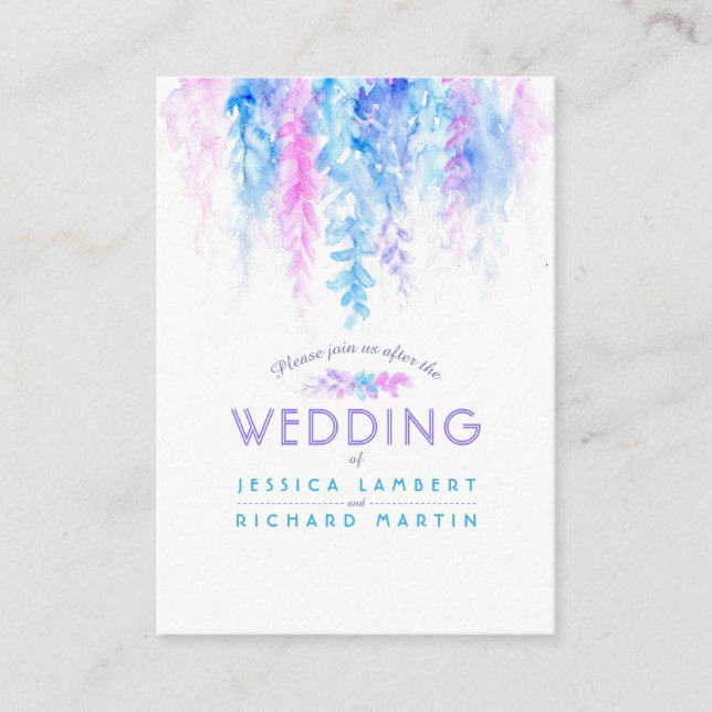Wedding blue flower cascade info enclosure card (Front)