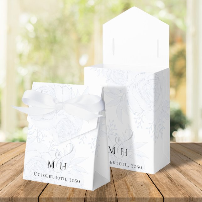 Wedding Blue Flowers Botanical Blue Script  Favour Box (Elegant wedding favor box with ribbon and calligraphy script monogram ampersand. )
