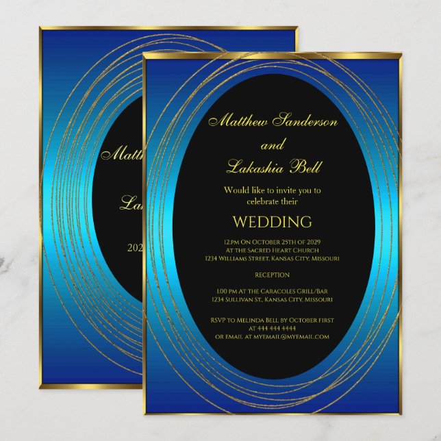 Wedding Blue gold Black Elegant Modern  Invitation (Front/Back)