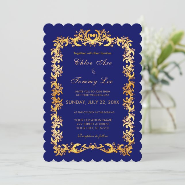 Wedding blue Gold border Invitation (Standing Front)