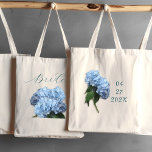 Wedding Blue Hydrangea Flowers Brides Bag<br><div class="desc">Wedding tote bag with blue hydrangea flowers for the bride.  Light blue,  realistic flowers,  decorate both sides of the cloth bag.  "Bride" text in dark green script,  is printed on the front.  Add the wedding date to the back.  The hunter green handle is one choice.</div>